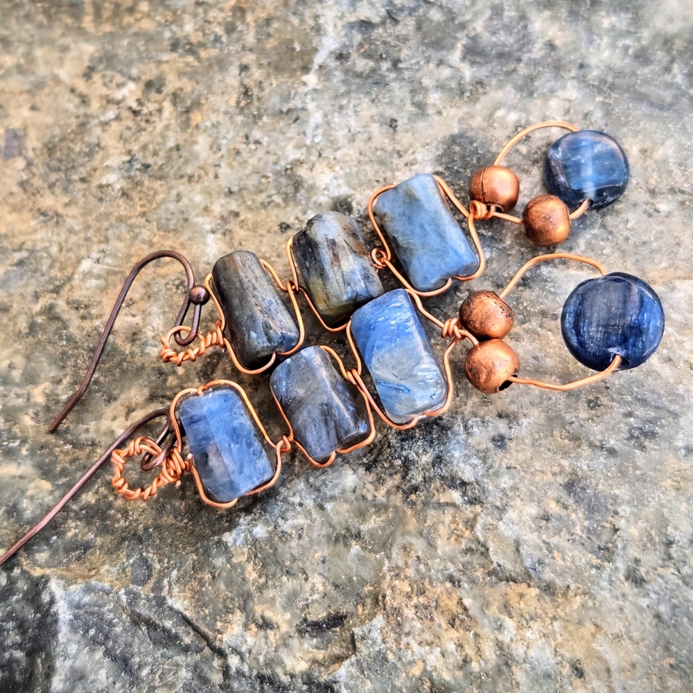 Natural Blue Kyanite Handwoven Ladder In Massai Style Earrings In Antique Copper - Picture 5 of 9